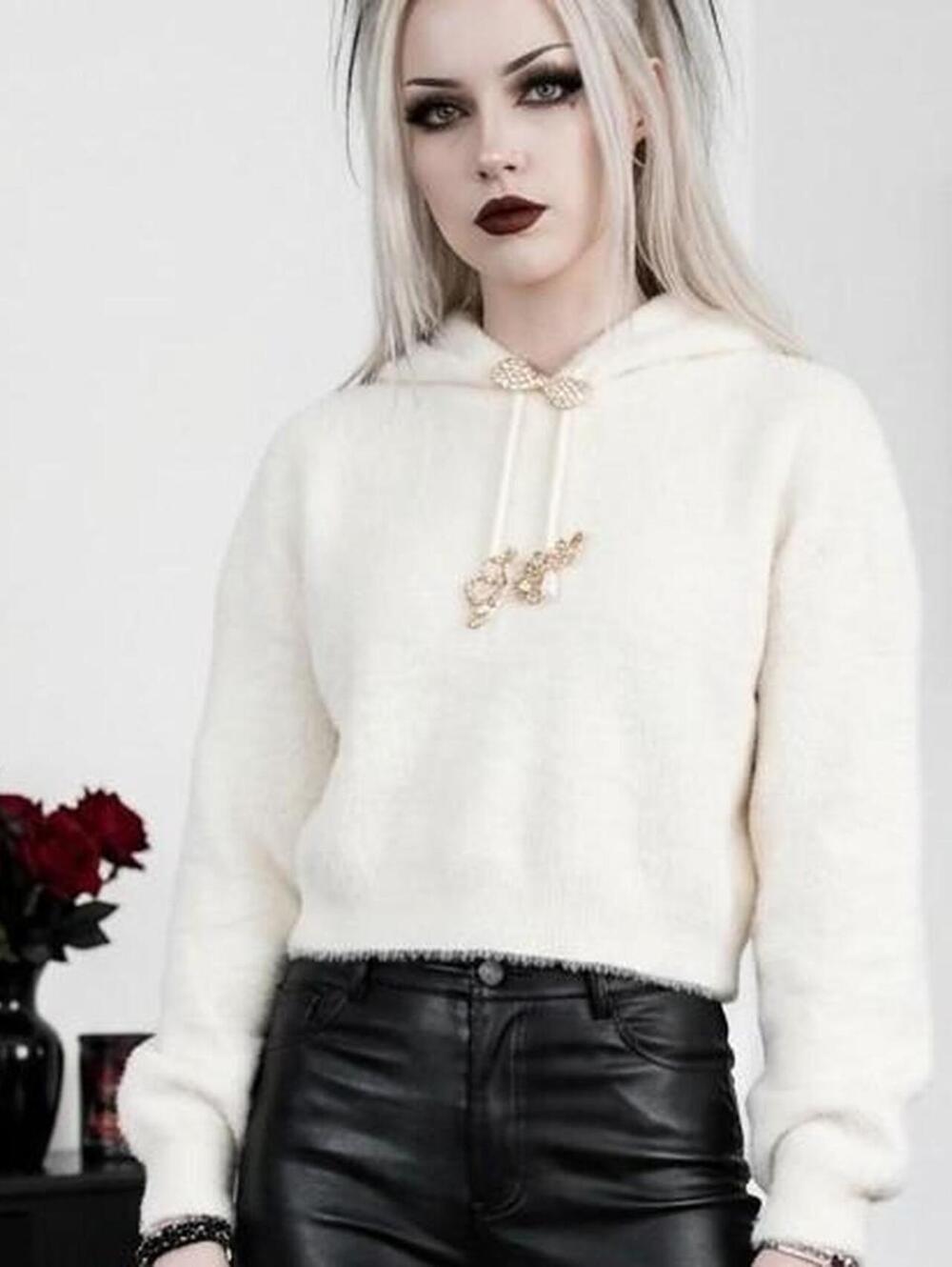 Off-white fuzzy cropped sweater hoodie.